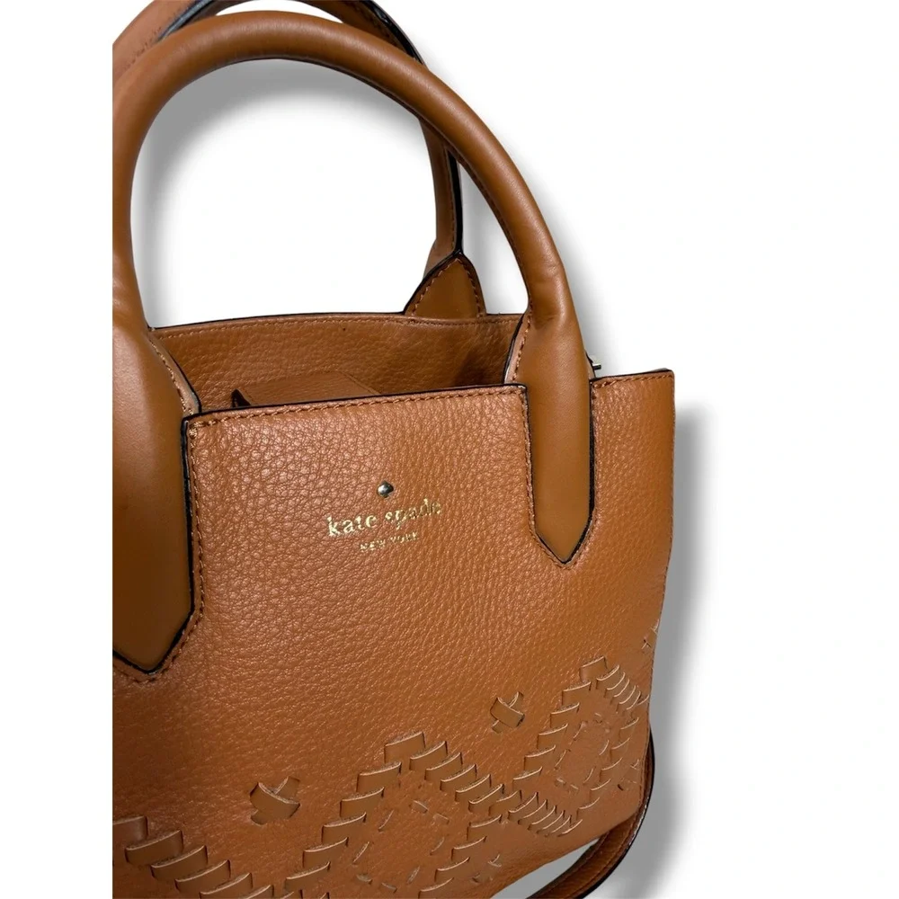 Kate Spade Meriwether Cognac Pebbled Leather Woven Diamond Satchel Crossbody Bag